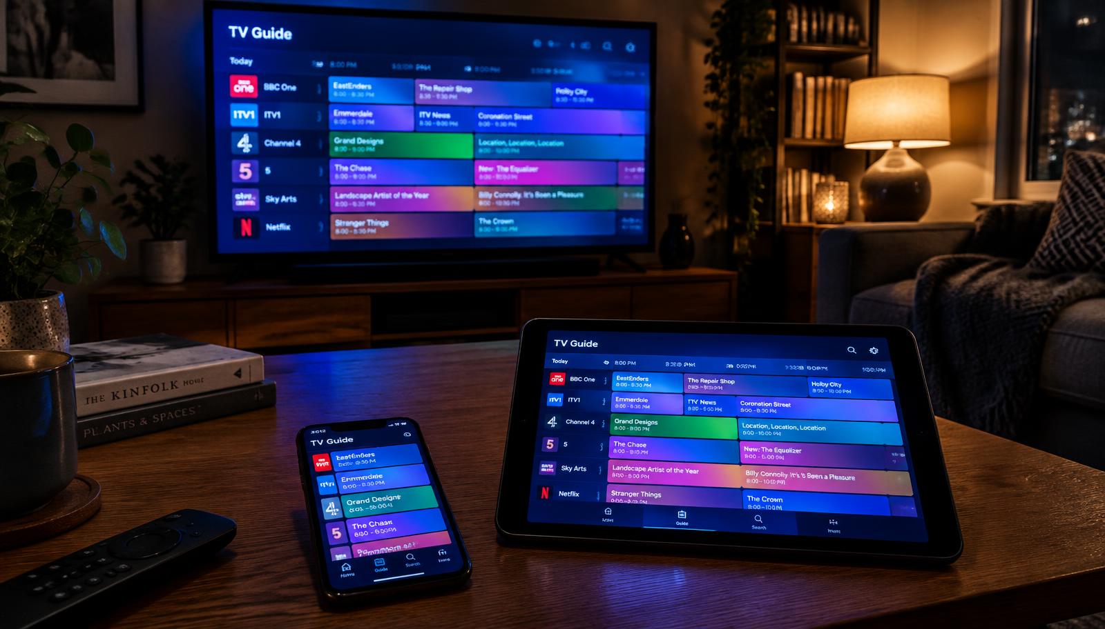 XOXOIPTV playing on a TV, tablet, and phone at once