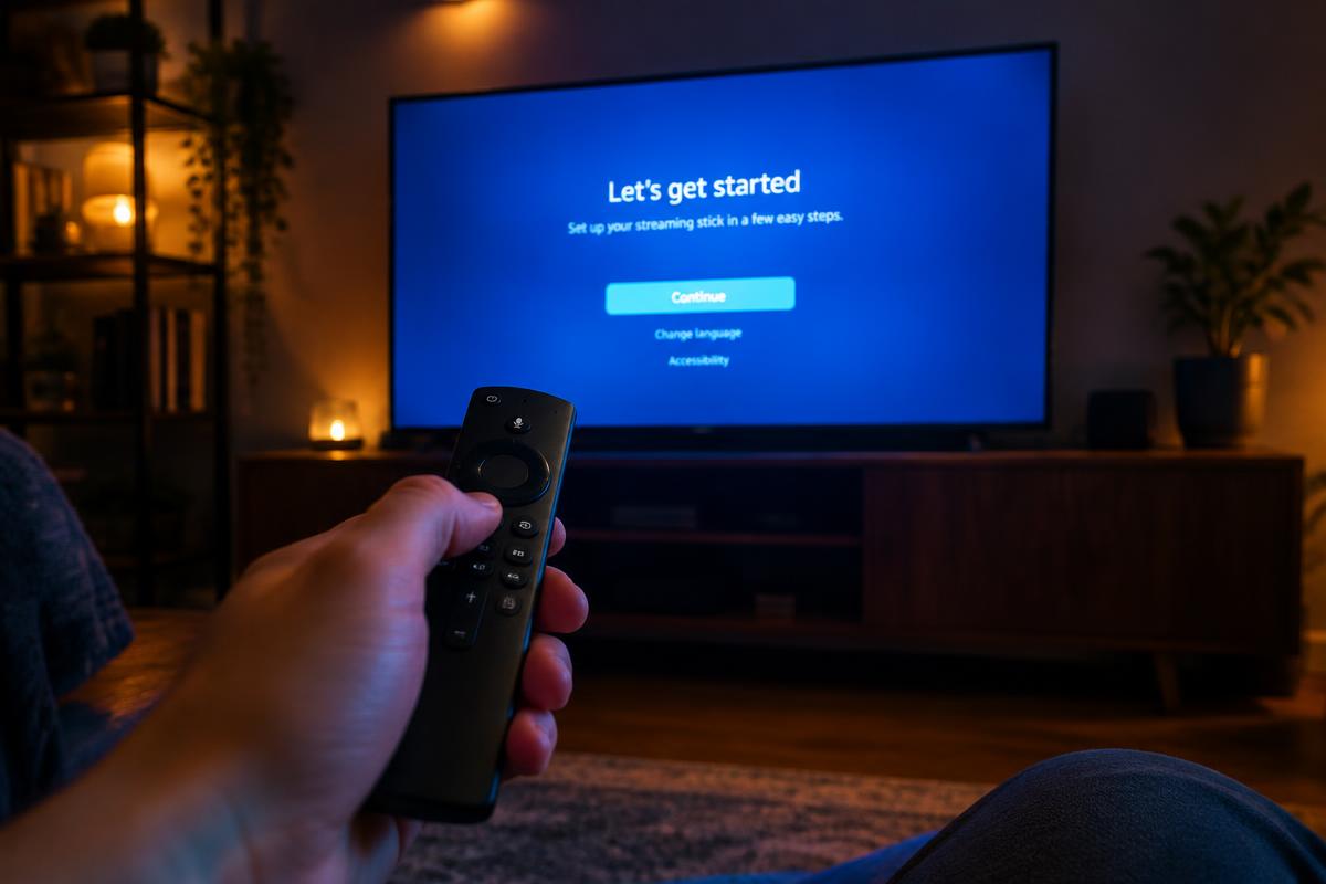 Setting up a streaming stick with a remote and on-screen setup steps