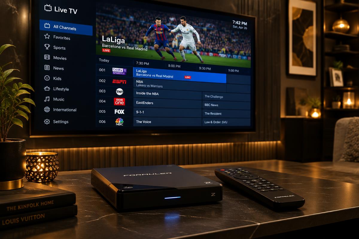 Formuler streaming box with remote in front of a TV showing a live channel guide