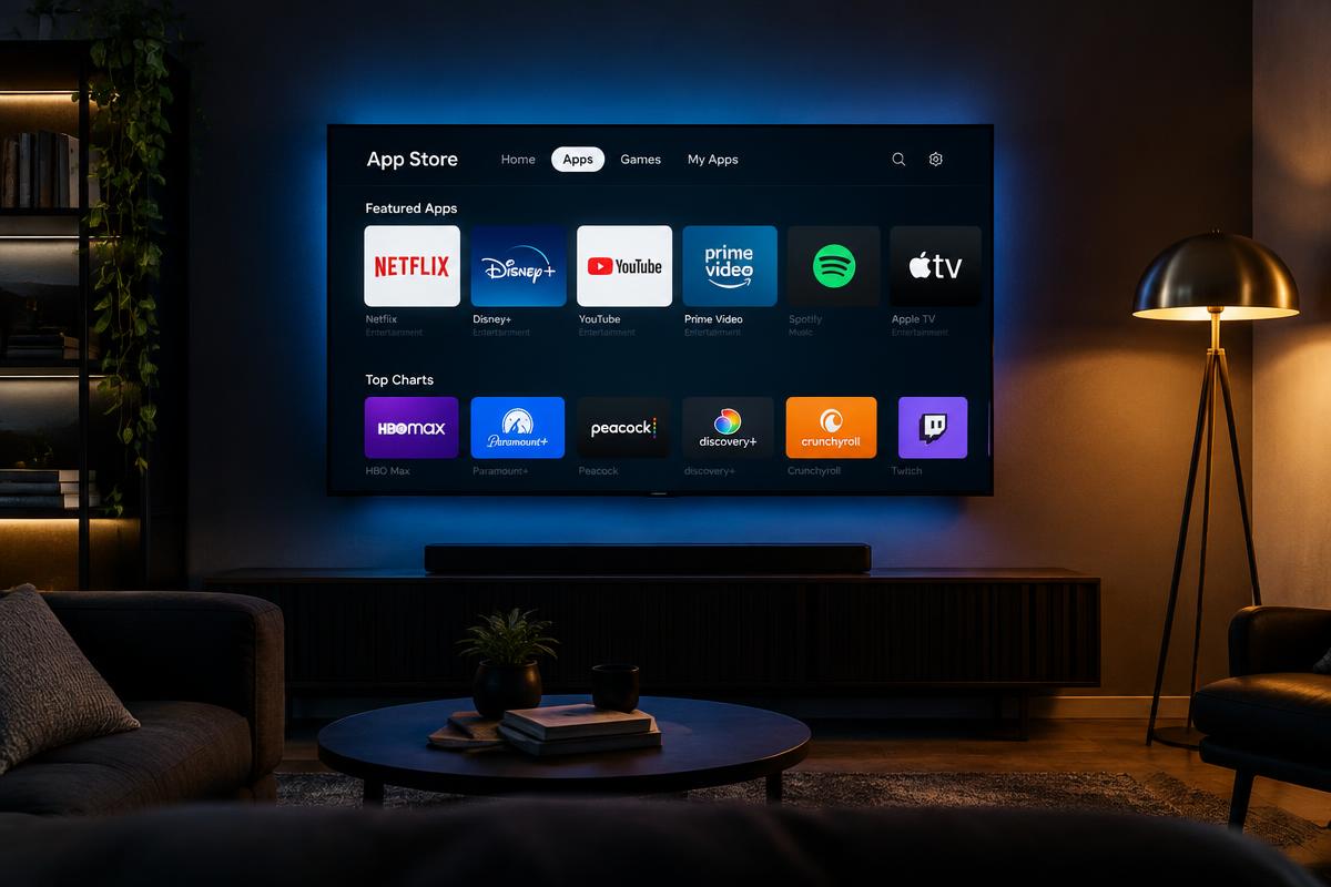 Smart TV app store on a wall-mounted television in a living room