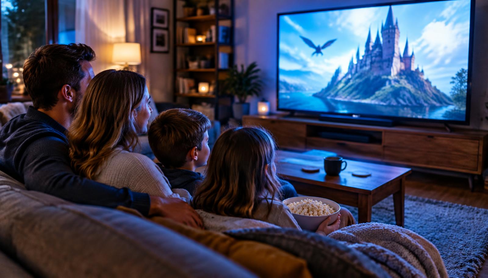 Family watching a movie together on a big TV