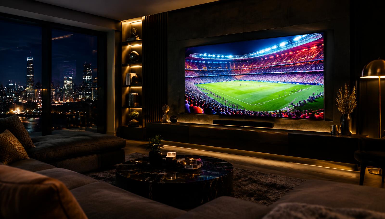 Living room TV streaming a live football match