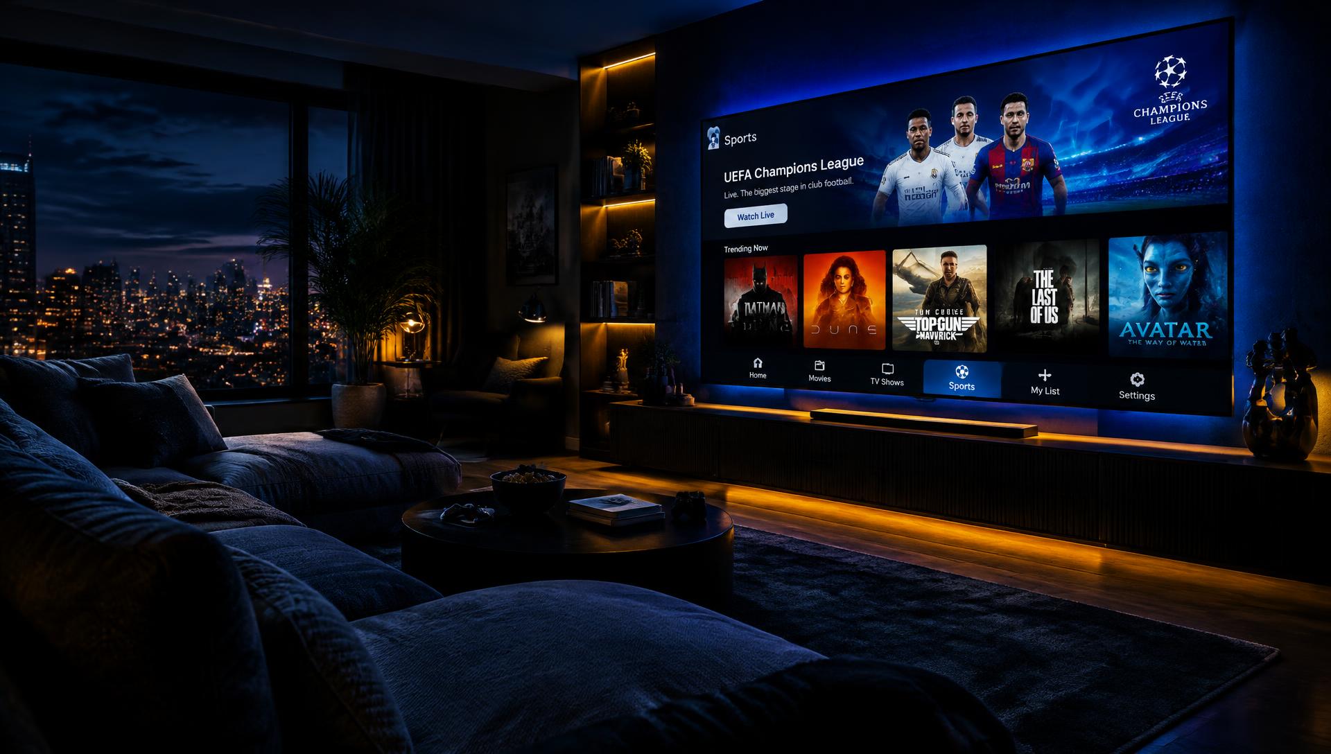 Living room TV streaming live sports and movies with XOXOIPTV