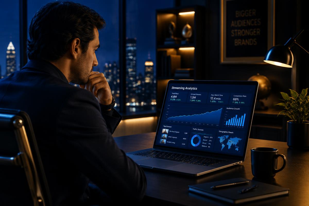 Reseller reviewing streaming analytics on a laptop at night