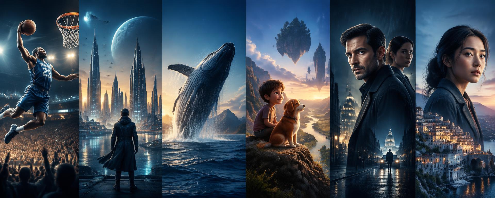 Original entertainment artwork spanning sports, science fiction, nature, family, thrillers, and drama